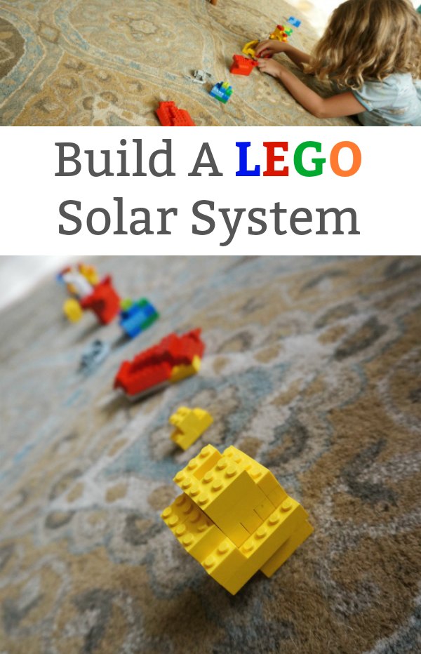 Legosolarsystem planets are built out of Legos. A little girl is shown setting them up in a line. (solar system projects)