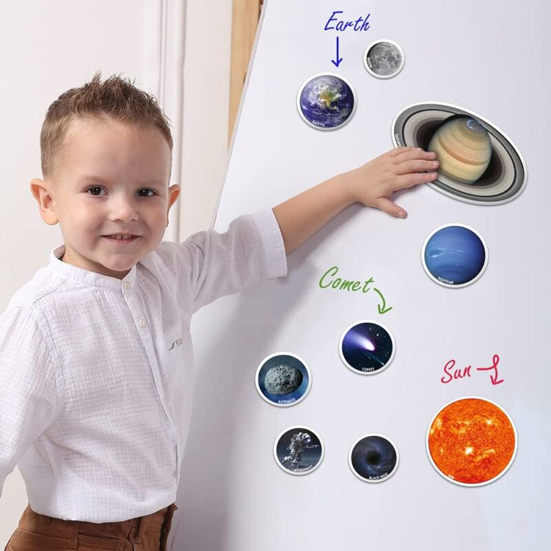Magnetic-Solar-System A little boy stands in front of a white board that has magnetic planets on it in this example of solar system projects.