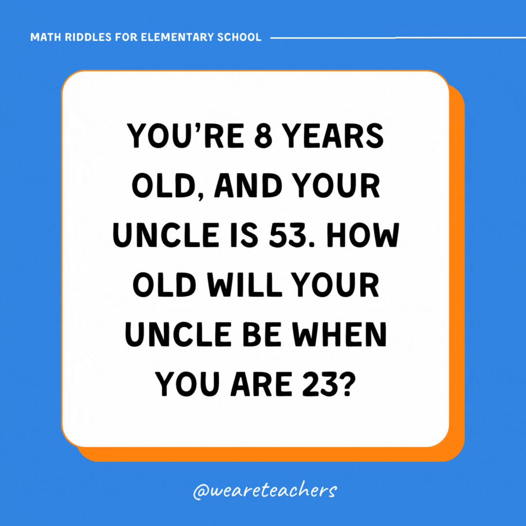 You’re 8 years old, and your uncle is 53. How old will your uncle be when you are 23? You’re 8 years old, and your uncle is 53. How old will your uncle be when you are 23?- math riddles