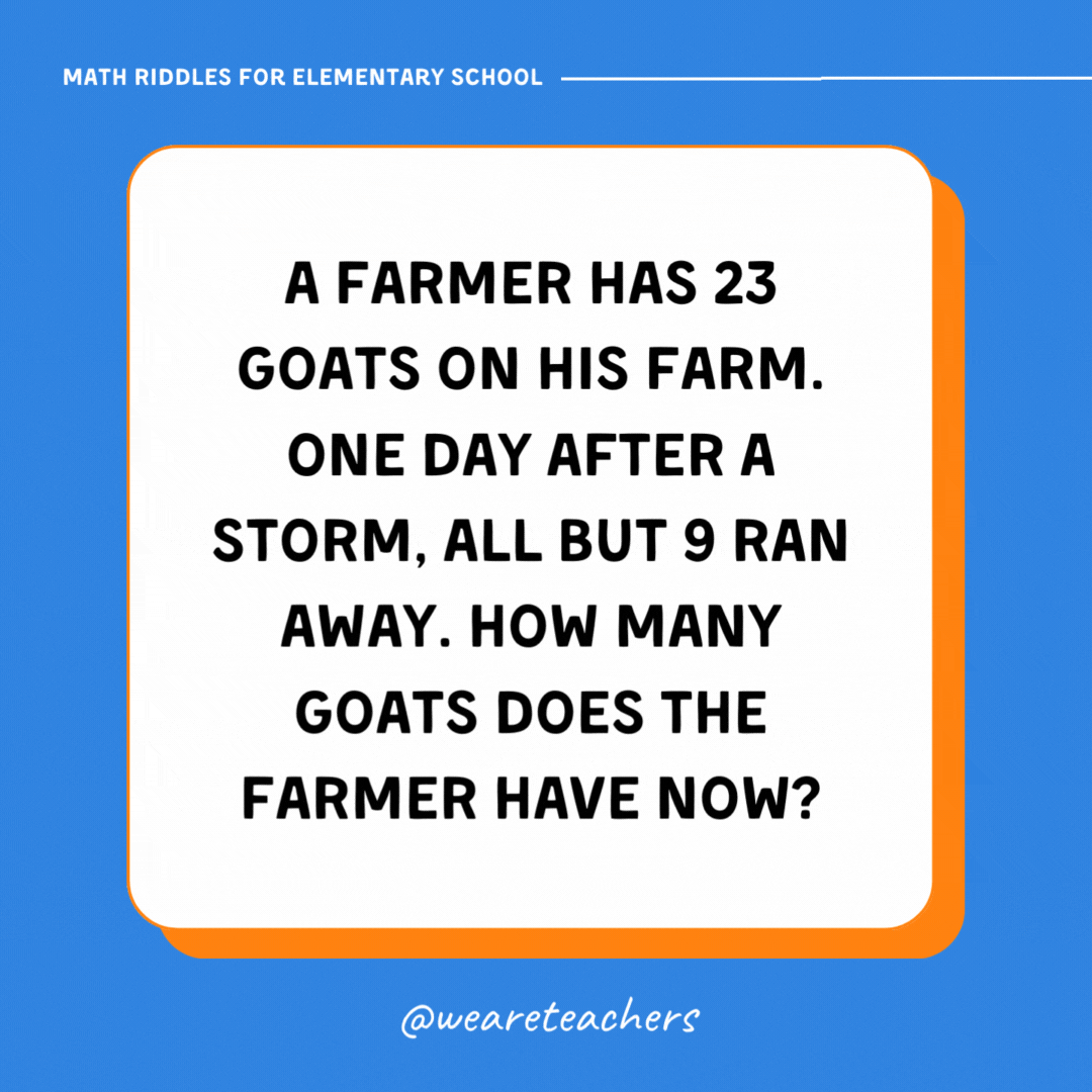 A farmer has 23 goats on his farm. One day after a storm, all but 9 ran away. How many goats does the farmer have now? A farmer has 23 goats on his farm. One day after a storm, all but 9 ran away. How many goats does the farmer have now?