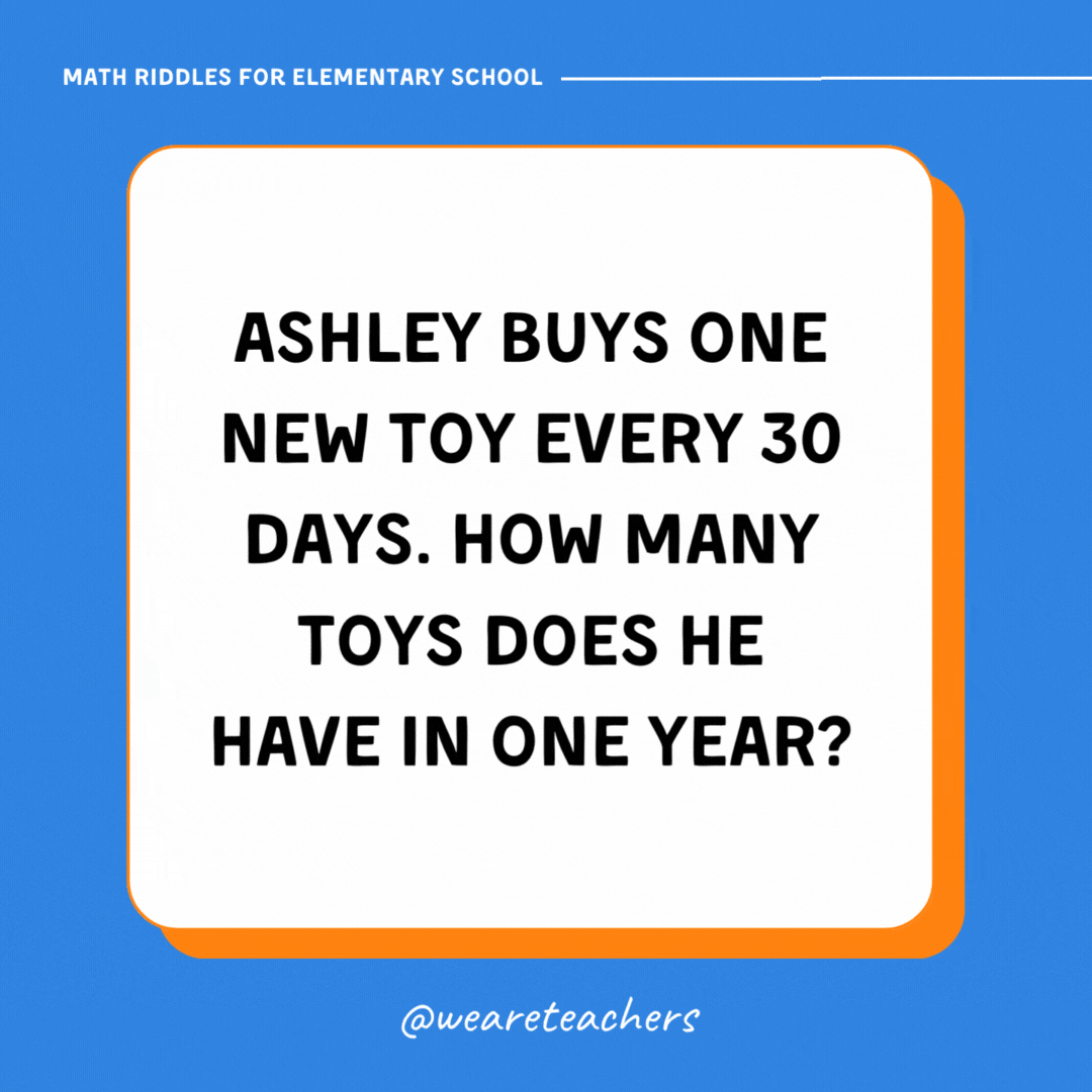 Ashley buys one new toy every 30 days. How many toys does he have in one year? Ashley buys one new toy every 30 days. How many toys does he have in one year?