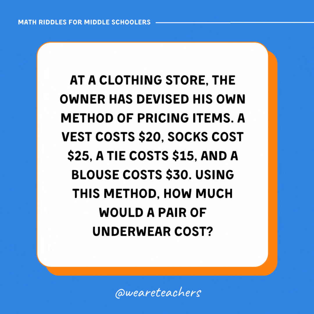 At a clothing store, the owner has devised his own method of pricing items. A vest costs $20, socks cost $25, a tie costs $15, and a blouse costs $30. Using this method, how much would a pair of underwear cost? At a clothing store, the owner has devised his own method of pricing items. A vest costs $20, socks cost $25, a tie costs $15, and a blouse costs $30. Using this method, how much would a pair of underwear cost?