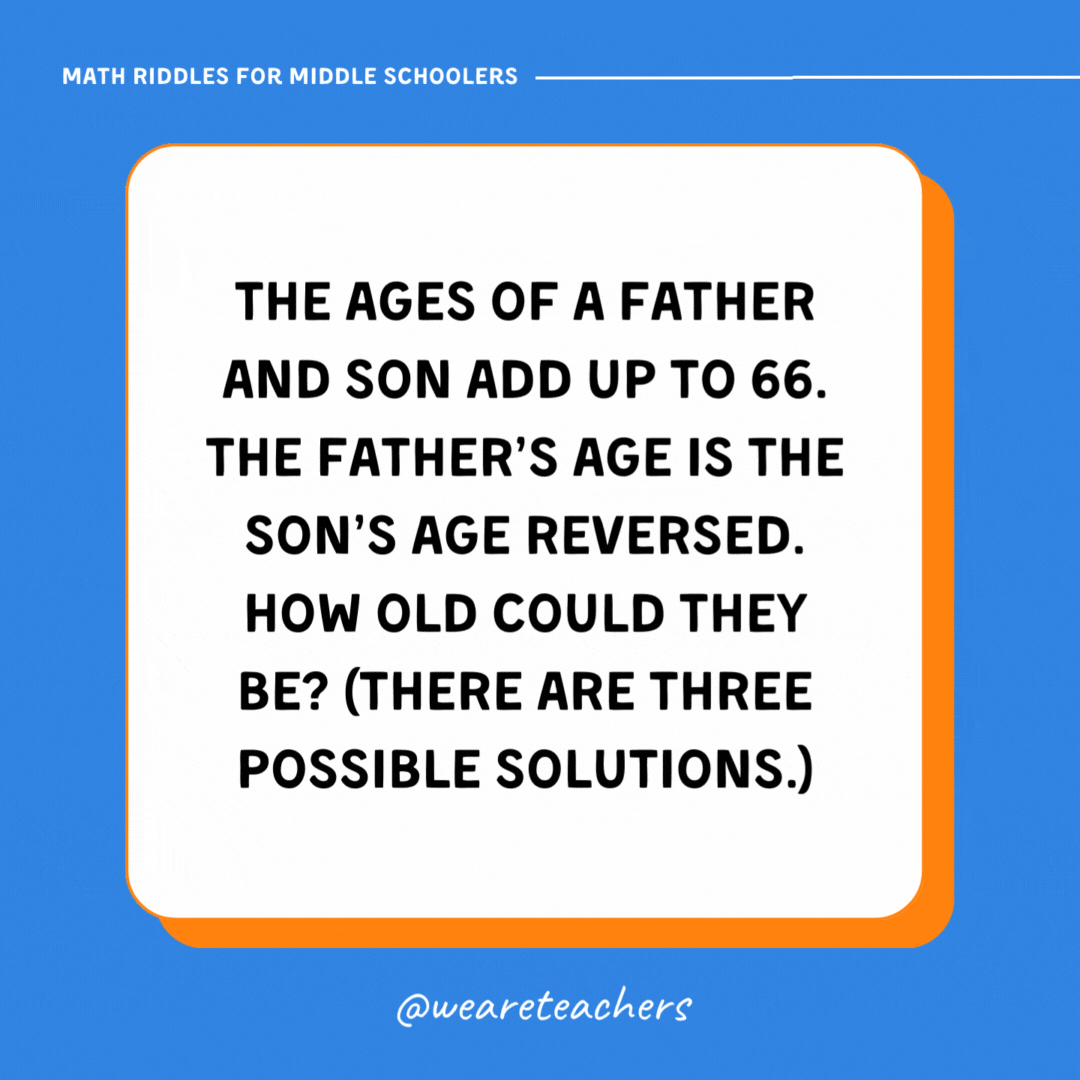 The ages of a father and son add up to 66. The father’s age is the son’s age reversed. How old could they be? (There are three possible solutions.) The ages of a father and son add up to 66. The father's age is the son's age reversed. How old could they be? (There are three possible solutions.)