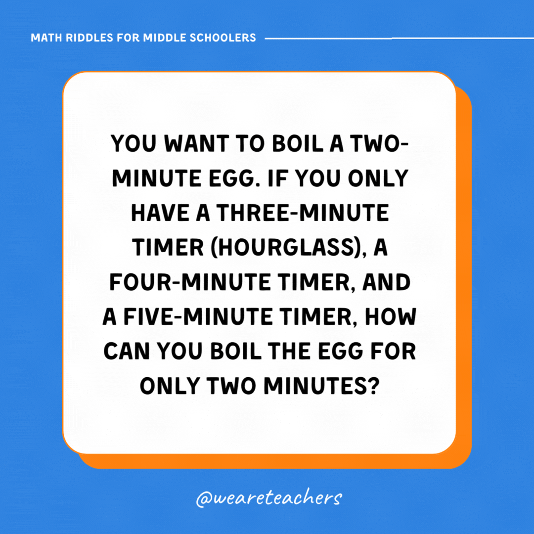 You want to boil a two-minute egg. If you only have a three-minute timer (hourglass), a four-minute timer, and a five-minute timer, how can you boil the egg for only two minutes? You want to boil a two-minute egg. If you only have a three-minute timer (hourglass), a four-minute timer, and a five-minute timer, how can you boil the egg for only two minutes?- math riddles