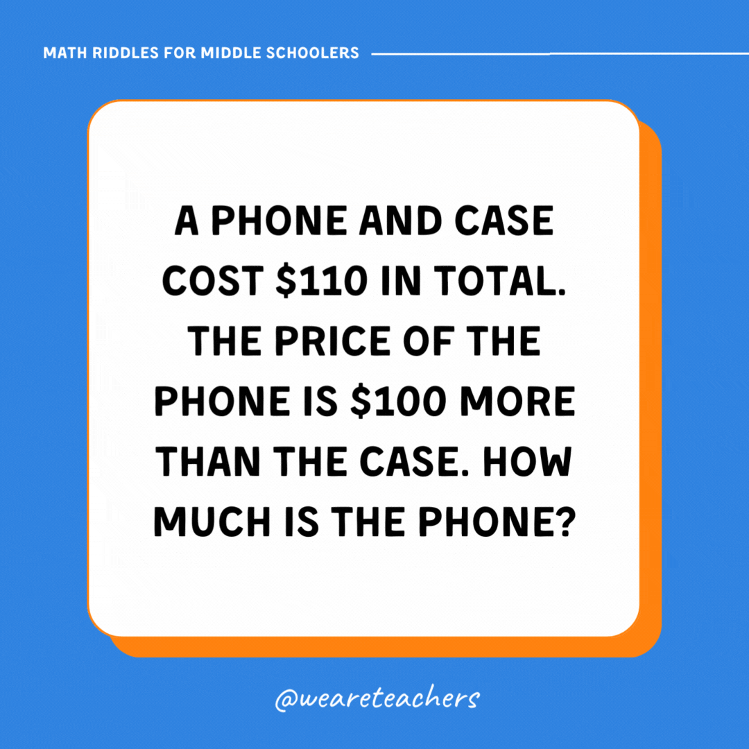 A phone and case cost $110 in total. The price of the phone is $100 more than the case. How much is the phone? A phone and case cost $110 in total. The price of the phone is $100 more than the case. How much is the phone?