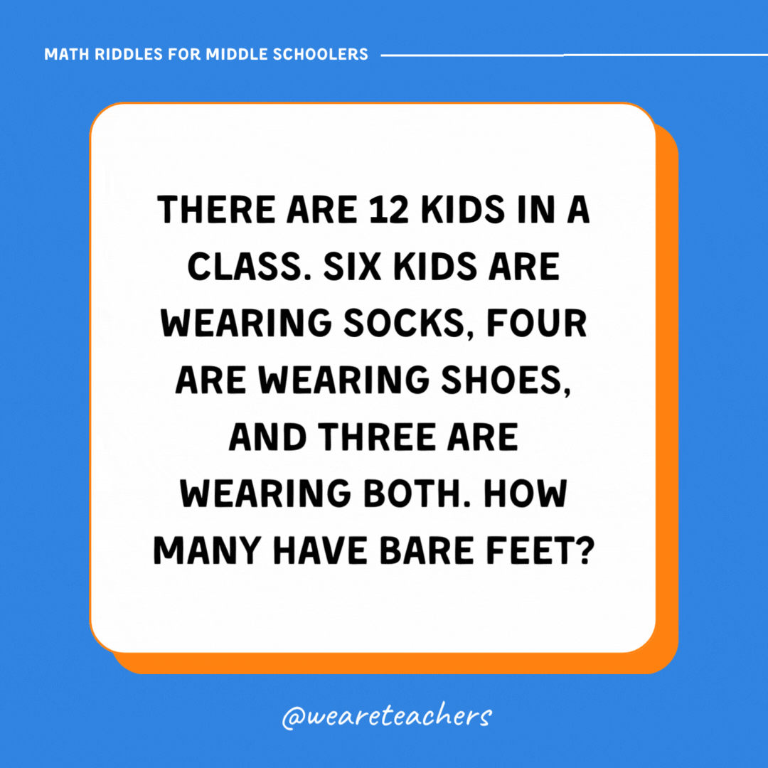 There are 12 kids in a class. Six kids are wearing socks, four are wearing shoes, and three are wearing both. How many have bare feet? There are 12 kids in a class. Six kids are wearing socks, four are wearing shoes, and three are wearing both. How many have bare feet?