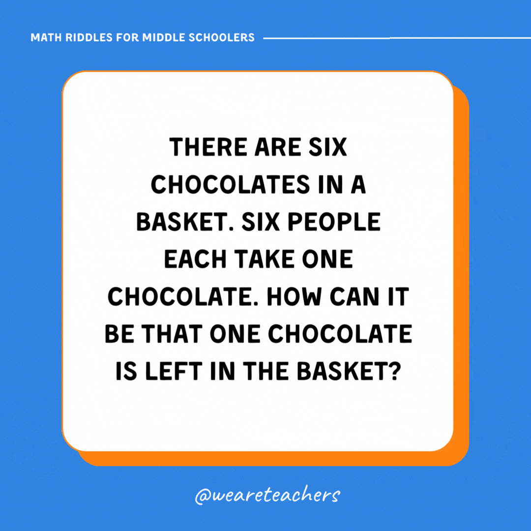 There are six chocolates in a basket. Six people each take one chocolate. How can it be that one chocolate is left in the basket? There are six chocolates in a basket. Six people each take one chocolate. How can it be that one chocolate is left in the basket?