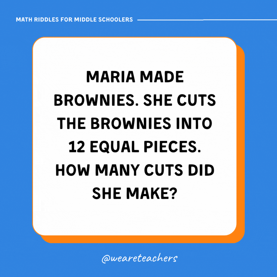Maria made brownies. She cuts the brownies into 12 equal pieces. How many cuts did she make? Maria made brownies. She cuts the brownies into 12 equal pieces. How many cuts did she make?