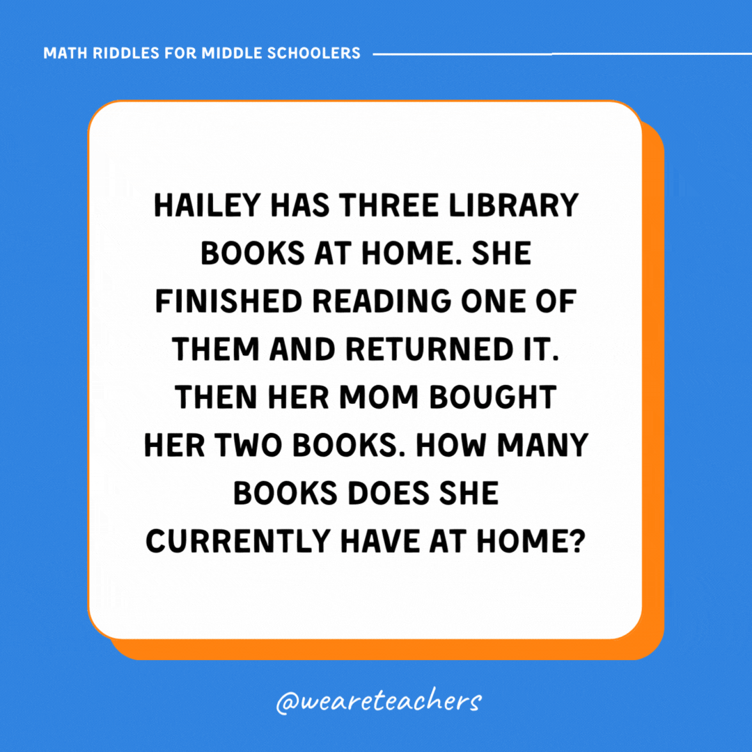 Hailey has three library books at home. She finished reading one of them and returned it. Then her mom bought her two books. How many books does she currently have at home? Hailey has three library books at home. She finished reading one of them and returned it. Then her mom bought her two books. How many books does she currently have at home?