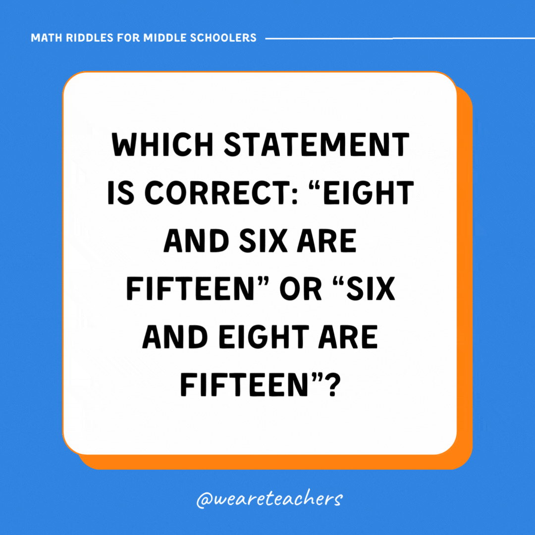 Which statement is correct: “Eight and six are fifteen” or “six and eight are fifteen”? Which statement is correct: “Eight and six are fifteen” or “six and eight are fifteen”?