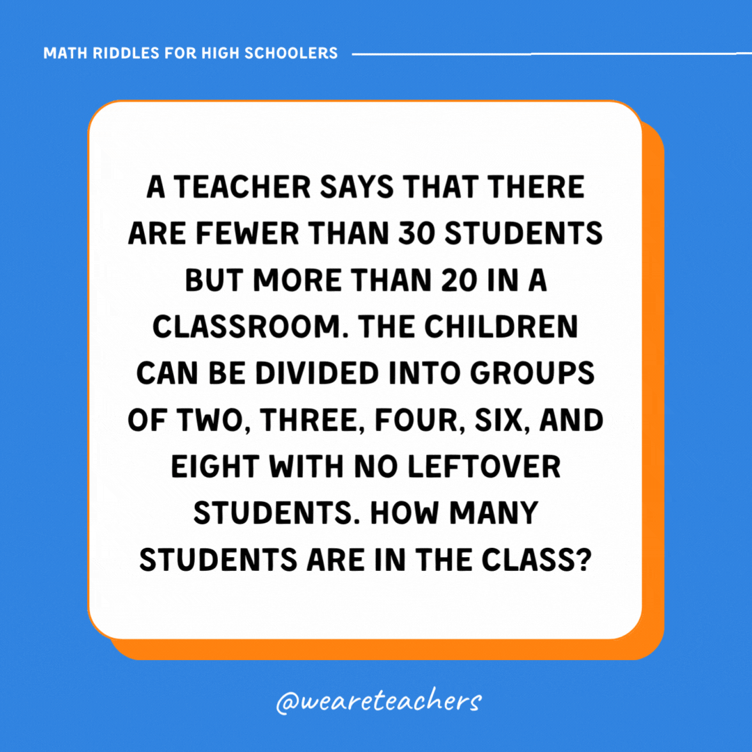 A teacher says that there are fewer than 30 students but more than 20 in a classroom. The children can be divided into groups of two, three, four, six, and eight with no leftover students. How many students are in the class? A teacher says that there are fewer than 30 students but more than 20 in a classroom. The children can be divided into groups of two, three, four, six, and eight with no leftover students. How many students are in the class?