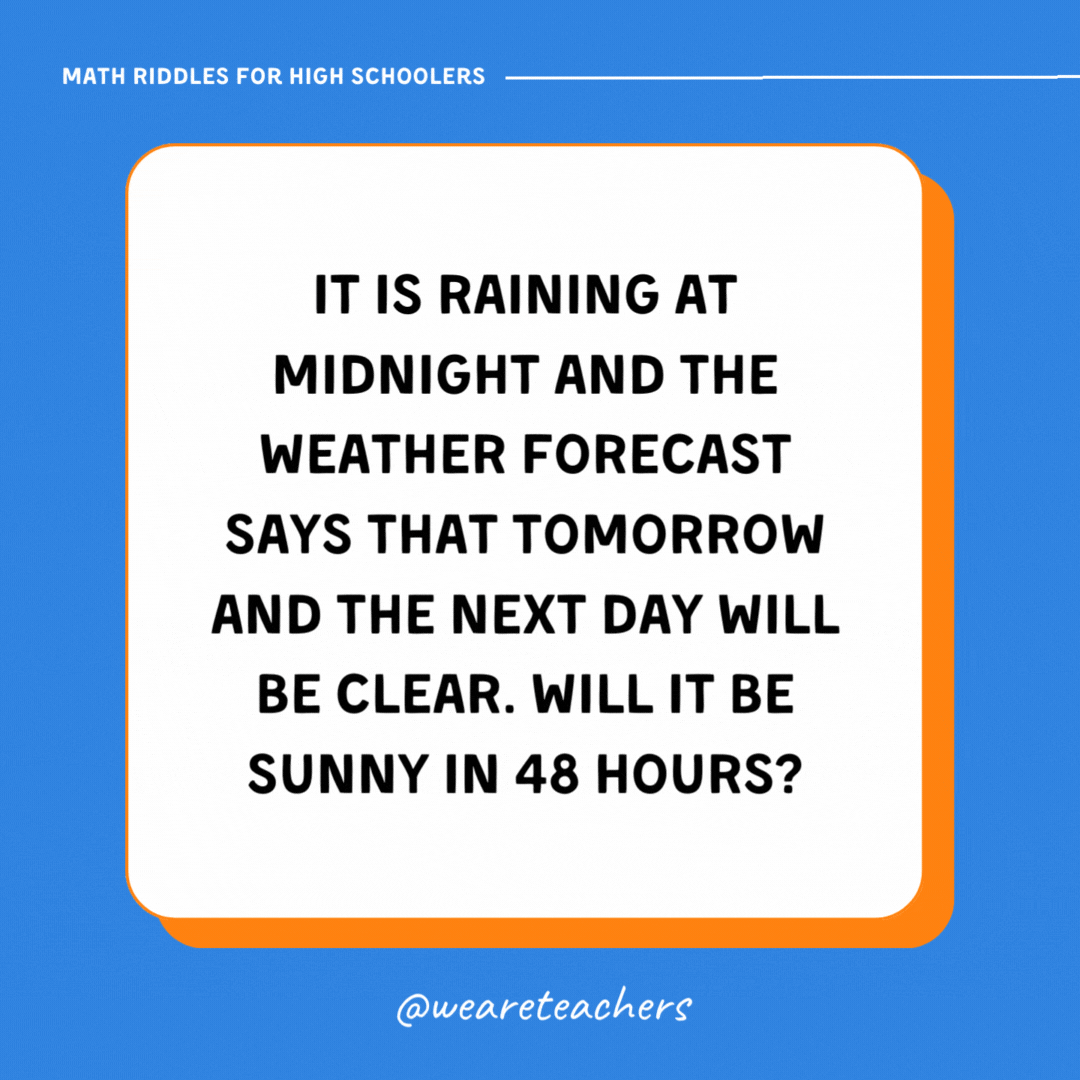 It is raining at midnight and the weather forecast says that tomorrow and the next day will be clear. Will it be sunny in 48 hours? It is raining at midnight and the weather forecast says that tomorrow and the next day will be clear. Will it be sunny in 48 hours?