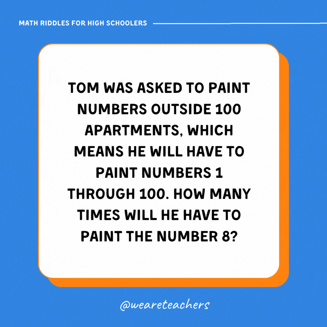 Tom was asked to paint numbers outside 100 apartments, which means he will have to paint numbers 1 through 100. How many times will he have to paint the number 8? Tom was asked to paint numbers outside 100 apartments, which means he will have to paint numbers 1 through 100. How many times will he have to paint the number 8?