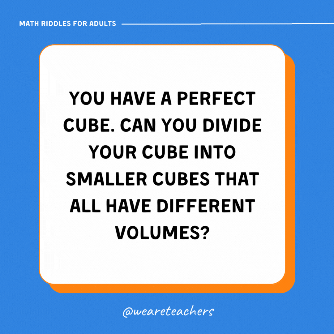 You have a perfect cube. Can you divide your cube into smaller cubes that all have different volumes? You have a perfect cube. Can you divide your cube into smaller cubes that all have different volumes?