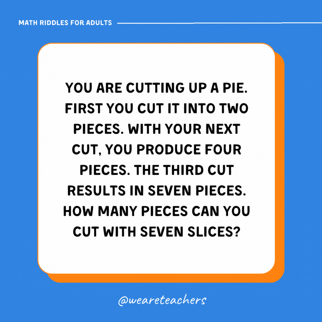 You are cutting up a pie. First you cut it into two pieces. With your next cut, you produce four pieces. The third cut results in seven pieces. How many pieces can you cut with seven slices? You are cutting up a pie. First you cut it into two pieces. With your next cut, you produce four pieces. The third cut results in seven pieces. How many pieces can you cut with seven slices?
