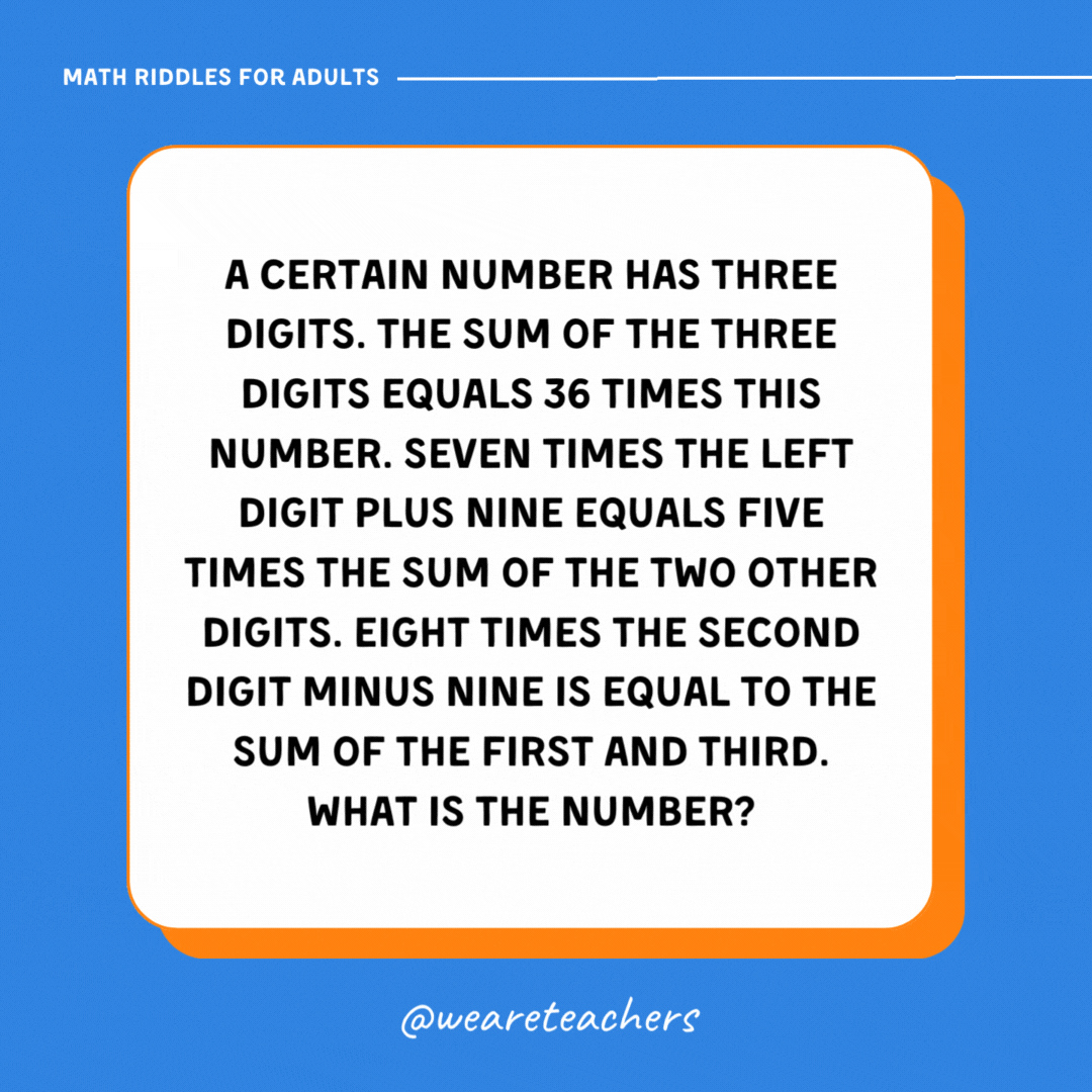 A certain number has three digits. The sum of the three digits equals 36 times this number. Seven times the left digit plus nine equals five times the sum of the two other digits. Eight times the second digit minus nine is equal to the sum of the first and third. What is the number? A certain number has three digits. The sum of the three digits equals 36 times this number. Seven times the left digit plus nine equals five times the sum of the two other digits. Eight times the second digit minus nine is equal to the sum of the first and third. What is the number?