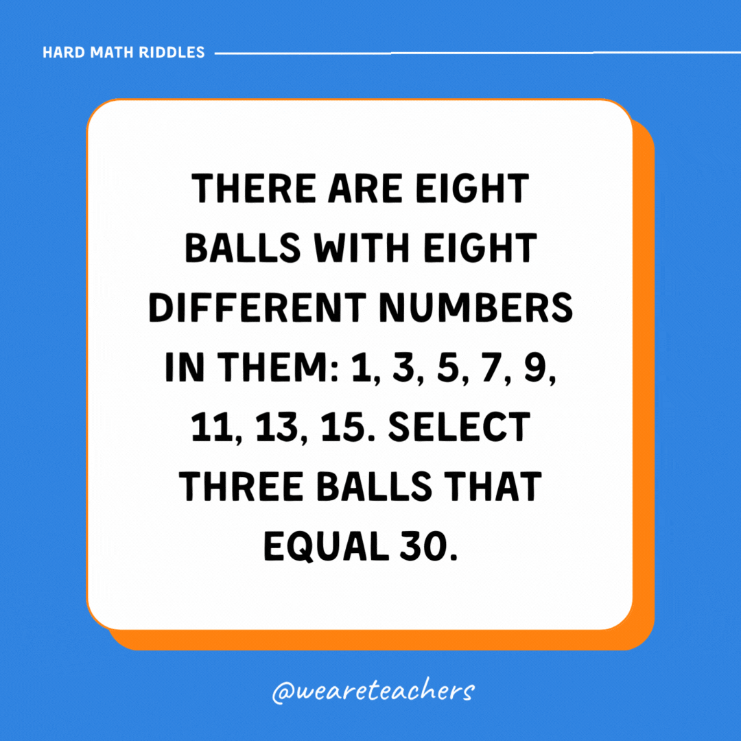 There are eight balls with eight different numbers in them: 1, 3, 5, 7, 9, 11, 13, 15. Select three balls that equal 30. There are eight balls with eight different numbers in them: 1, 3, 5, 7, 9, 11, 13, 15. Select three balls that equal 30.