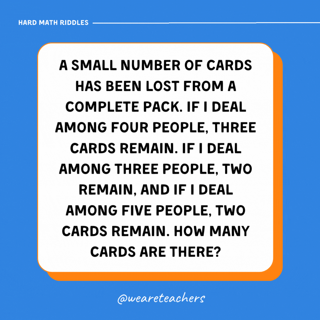 A small number of cards has been lost from a complete pack. If I deal among four people, three cards remain. If I deal among three people, two remain, and if I deal among five people, two cards remain. How many cards are there? A small number of cards has been lost from a complete pack. If I deal among four people, three cards remain. If I deal among three people, two remain, and if I deal among five people, two cards remain. How many cards are there?