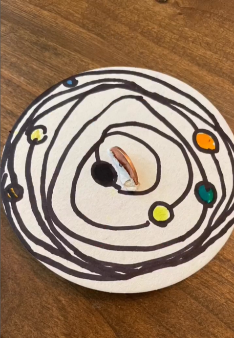 Penny-Planet-Spinner A small white circle has black swirls and circles drawn on it to look like the solar system. A penny is in the middle vertically.