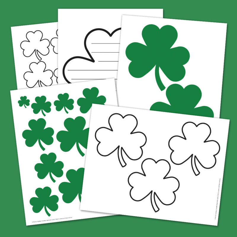 Valentine’s Day Heart Bundle 1 Bundle of printable shamrocks on a square green background.