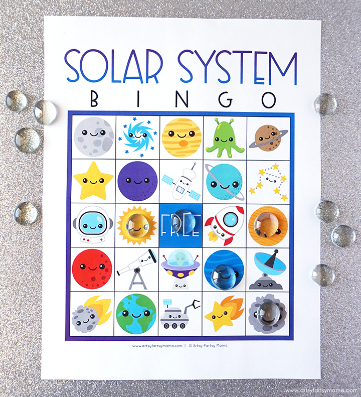 Solar-System-Bingo A bingo card says solar system bingo across the top. It has pictures of various things from space on it.