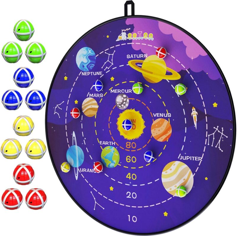 Solar-System-Dart-Board A soft dartboard is shown with the solar system on it. Small velcro balls of different colors are also shown.