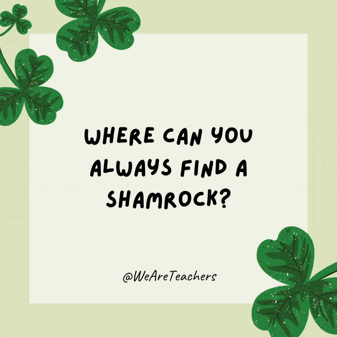 St. Patrick’s Day Jokes (12) Where can you always find a shamrock?- St. Patrick's Day jokes