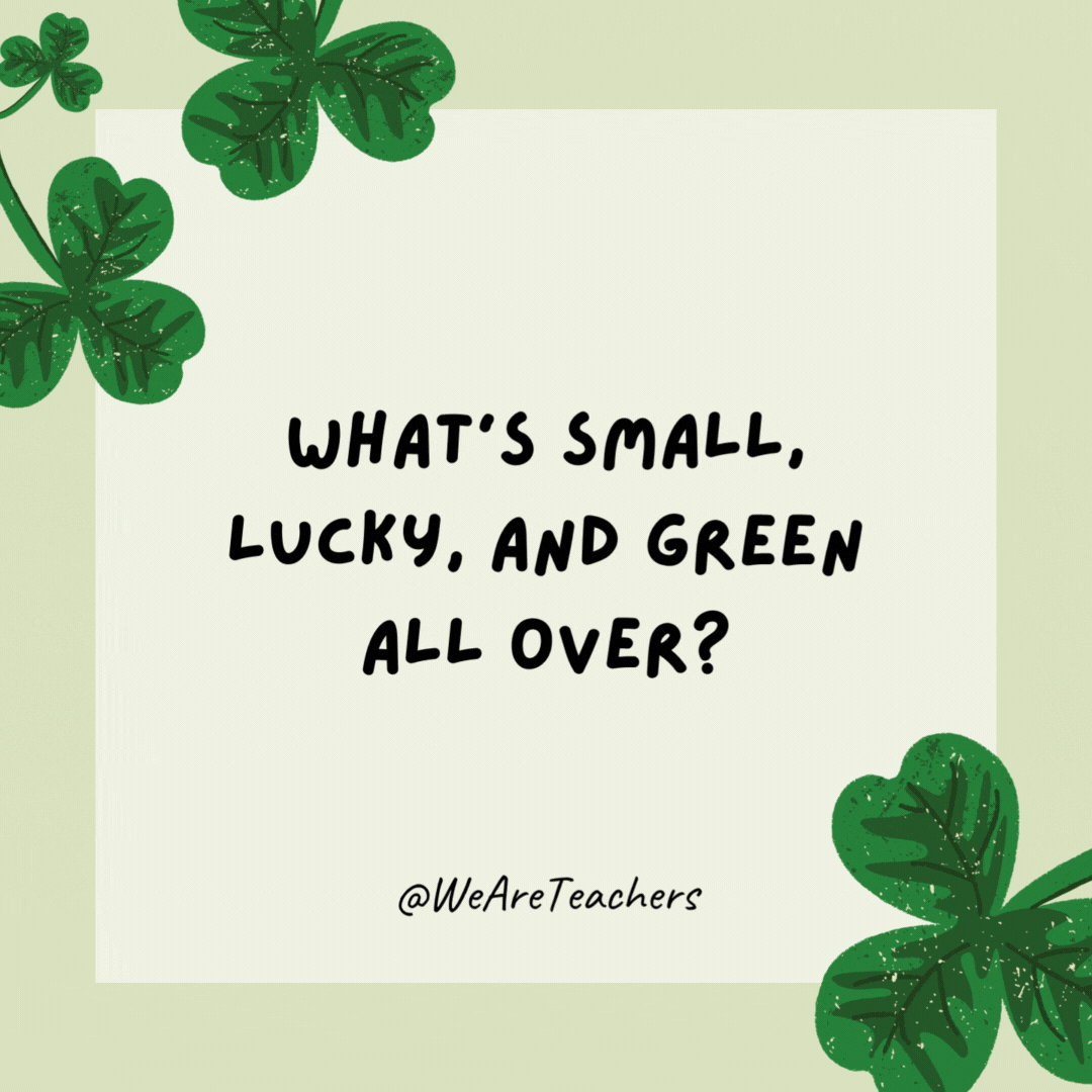 What’s small, lucky, and green all over? A leprechaun who recycles. What's small, lucky, and green all over?
A leprechaun who recycles.