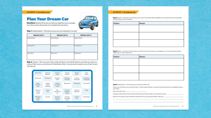 How to Buy Your First Car: Free Financial Literacy Lessons Images of two worksheets from the How to Buy Your First Car lesson plan bundle