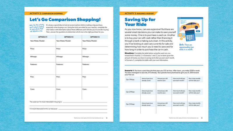 How to Buy Your First Car: Free Financial Literacy Lessons Images of two worksheets from the How to Buy Your First Car lesson plan bundle