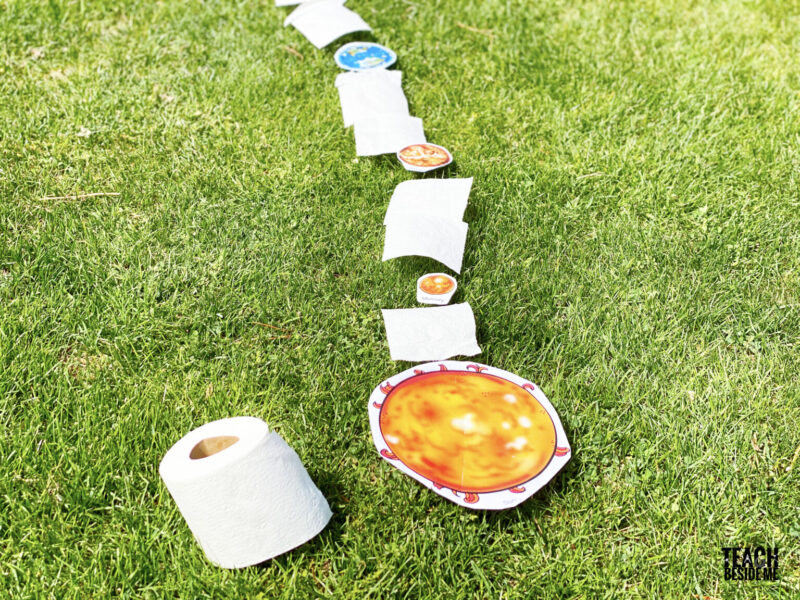 Toilet-Paper-Scale A roll of toilet paper is shown. Some of it is unraveled in a line on a grass field with paper planets.