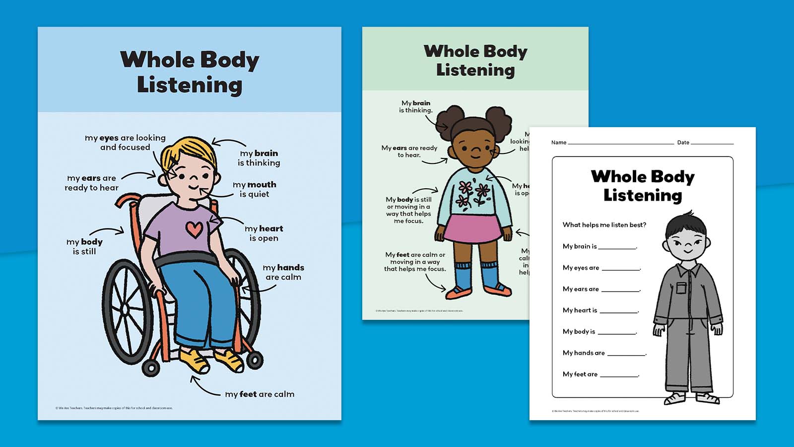 Whole Body Listening Whole body listening posters on blue background.