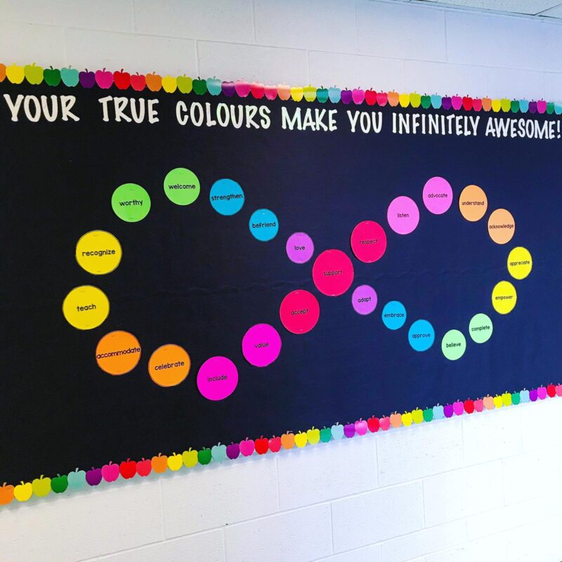 autism-acceptance autism acceptance month bulletin board with a rainbow infinity symbol