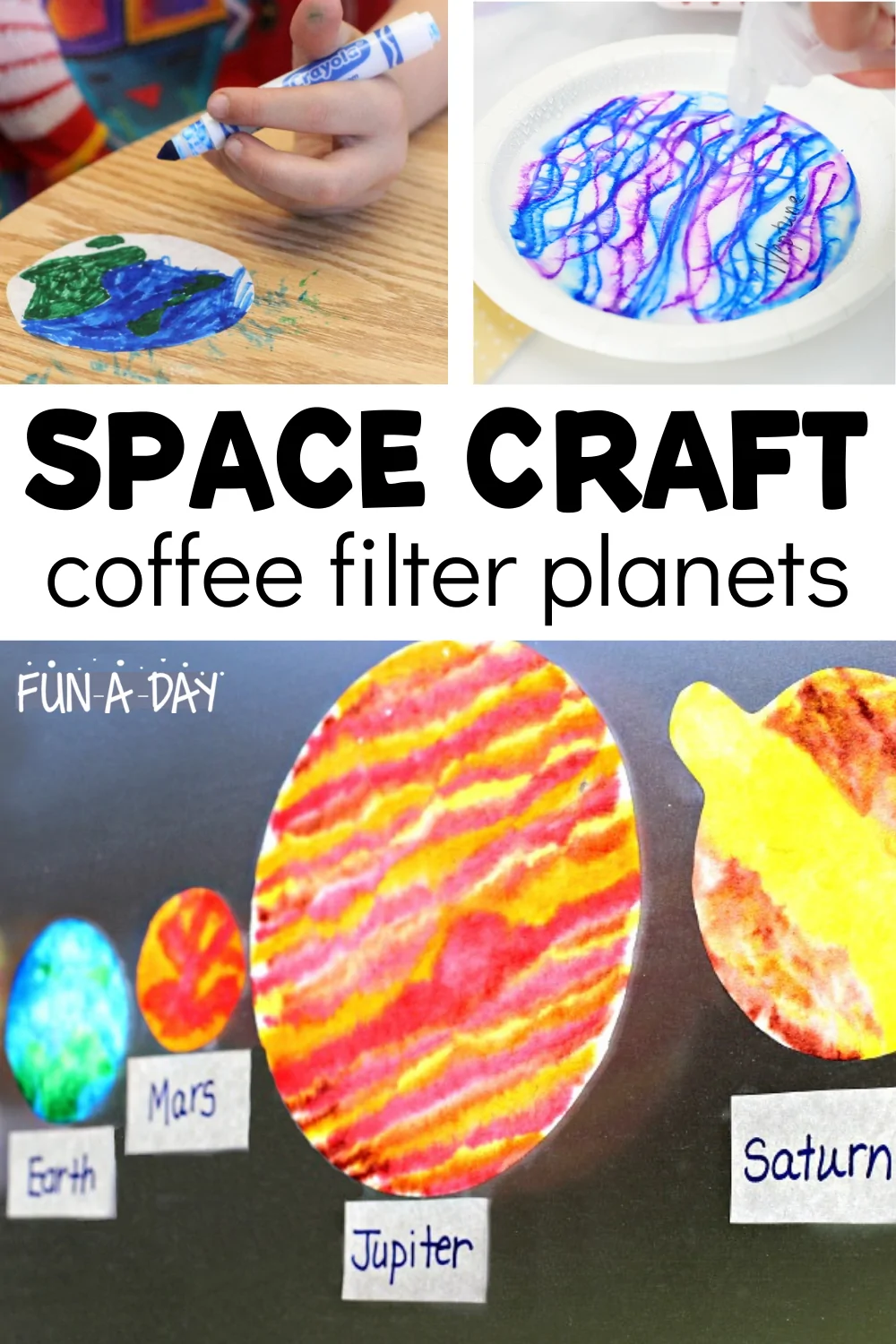 coffeefilterplanets A child's hands are shown coloring a coffee filter with marker. Several planets that have been made from coffee filters are also shown.