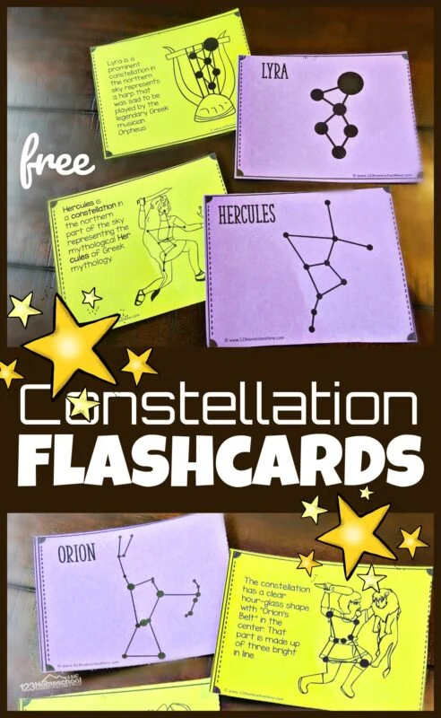 constellationcards Flashcards in purple and neon yellow are shown with constellations drawn on them. (solar system projects)