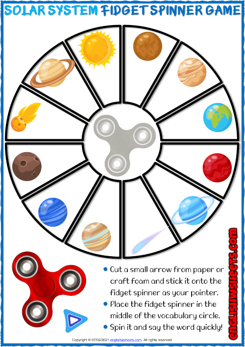 fidget A printable game board has a fidget spinner pictured in the middle with the planets surrounding it in a dial formation.