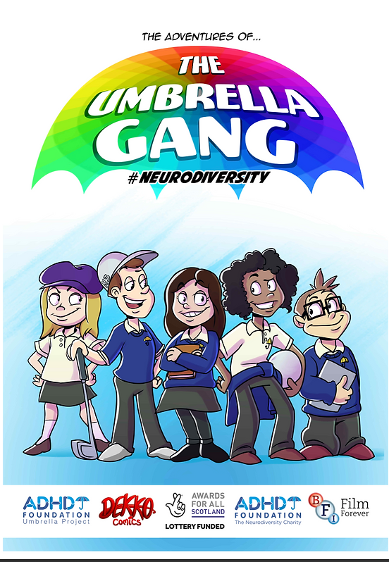 neurodiversity-comic-book cover of the umbrella gang comic book about neurodiversity