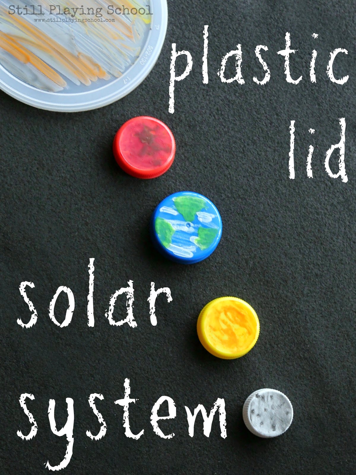 plasticlidplanets Different size plastic caps and lids are painted and used to demonstrate the planets on a black background.