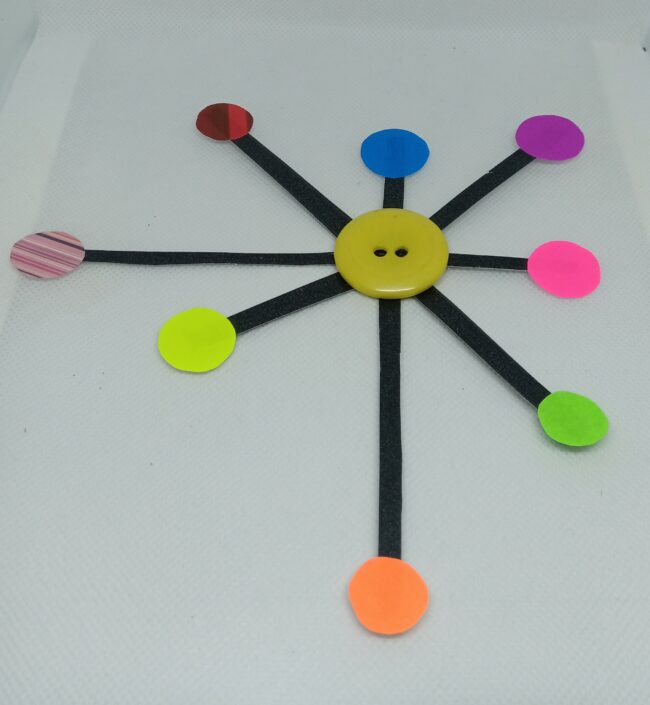 simplesolarsystem A yellow button stands in as the sun. Different colored dots are shown coming from black lines that are meant to be the planets (solar system projects)