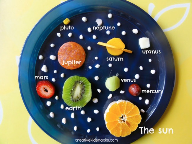 snacksolarsystem A blue plate has various pieces of fruit and meats labeled as different planets and the sun (solar system projects)