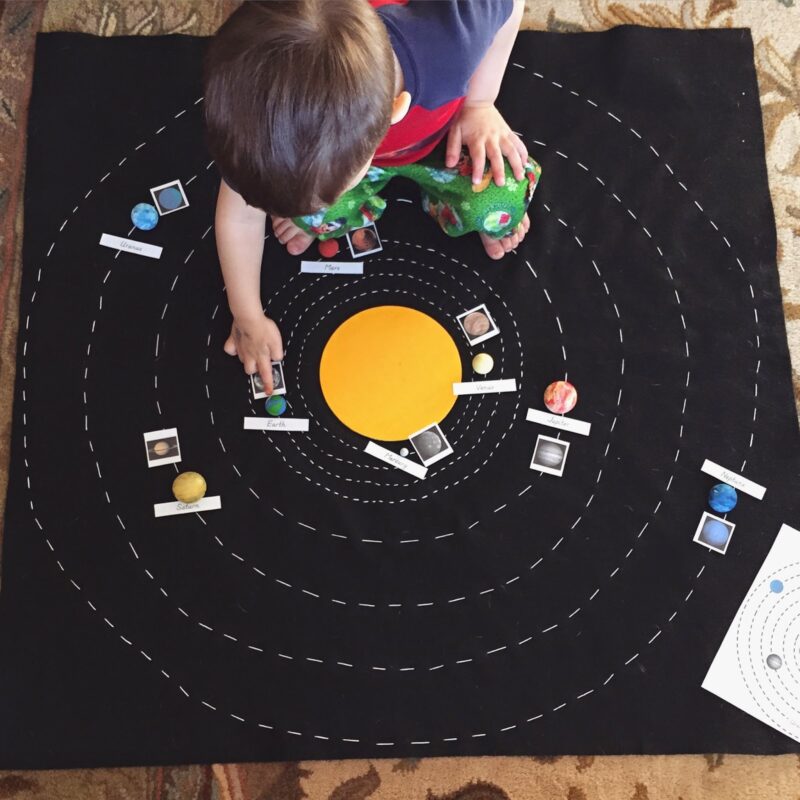 solarsystemfloormap A little boy sits on a large black, felt map that has planets laid out on it and labeled (solar system projects)