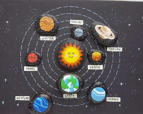 solarsystemrocks Rocks are painted to look like planets and the sun and are laid out on a black background (solar system projects)