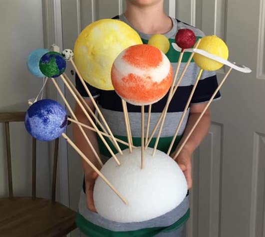 styrofoam Styrofoam balls are painted to look like the sun and planets and are attached to a larger styrofoam base with skewers.