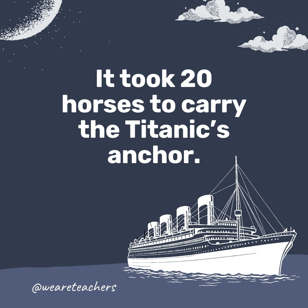 It took 20 horses to carry the Titanic’s anchor. It took 20 horses to carry the Titanic's anchor.- titanic facts