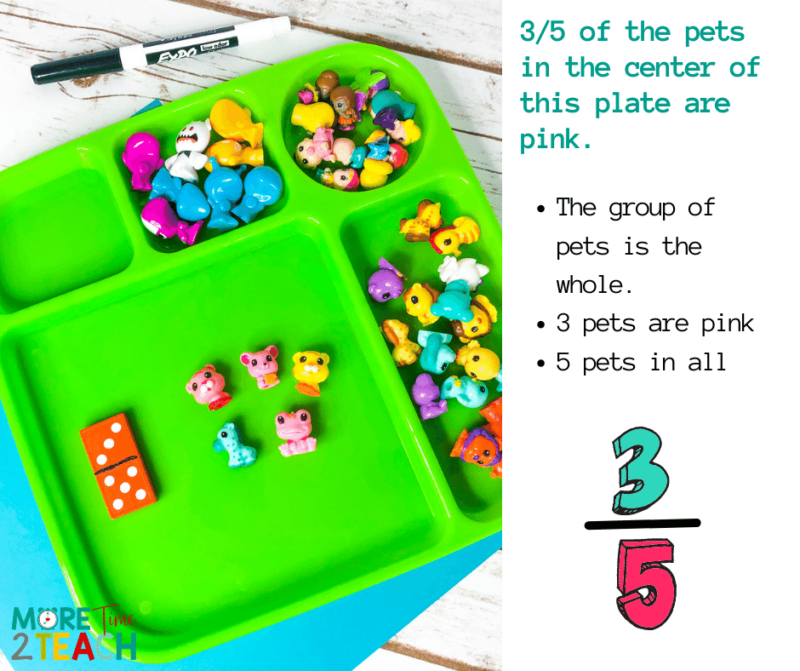 parts-of-a-whole green tray with little animals and dominos on it for teaching fractions