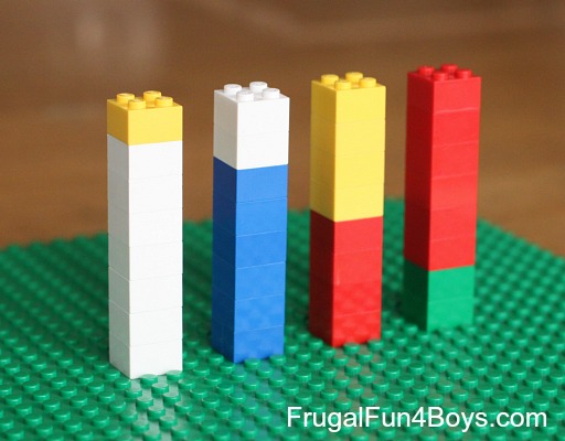 lego-fractions four lego towers showing equivalent fractions for teaching fractions
