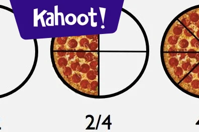 kahoot-fractions kahoot logo with fractions activity 2/4 of a pizza for fractions activities