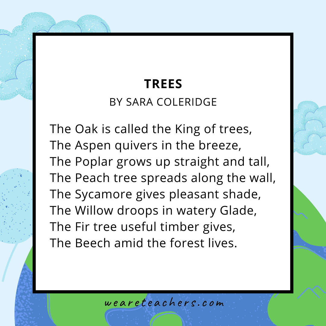 42 Beautiful Earth Day Poems for Kids of All Ages Trees by Sara Coleridge an example of an Earth Day poem.