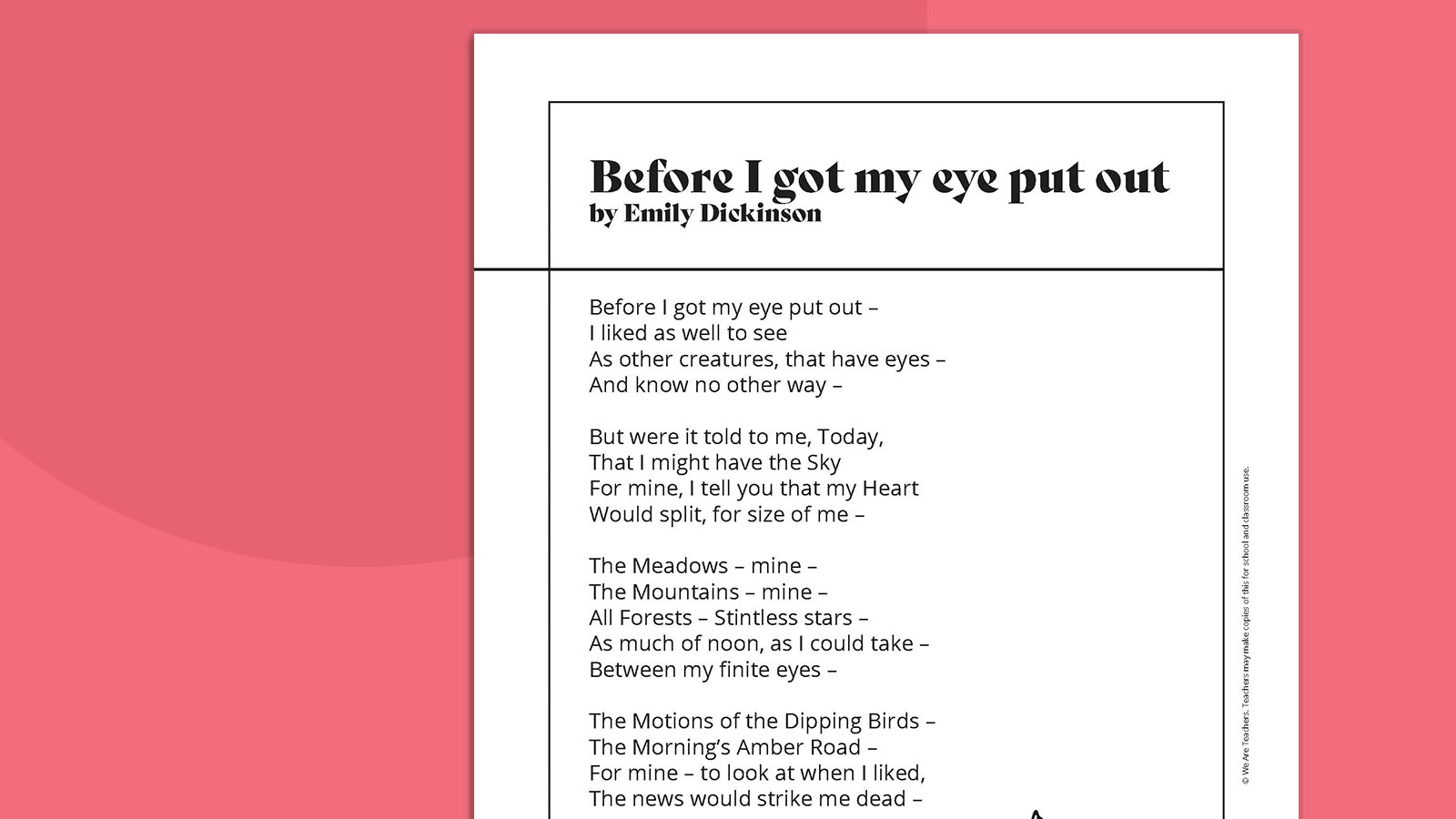 Emily Dickinson Poems 3 Before I got my eye put out - Emily Dickinson poems