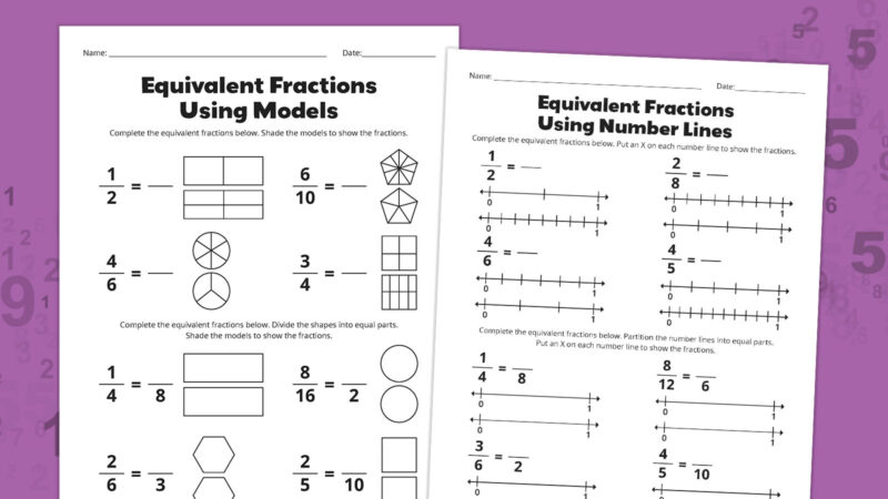 Equivalent Fractions Models and Number Line Flat lays of equivalent fractions worksheets on a purple background